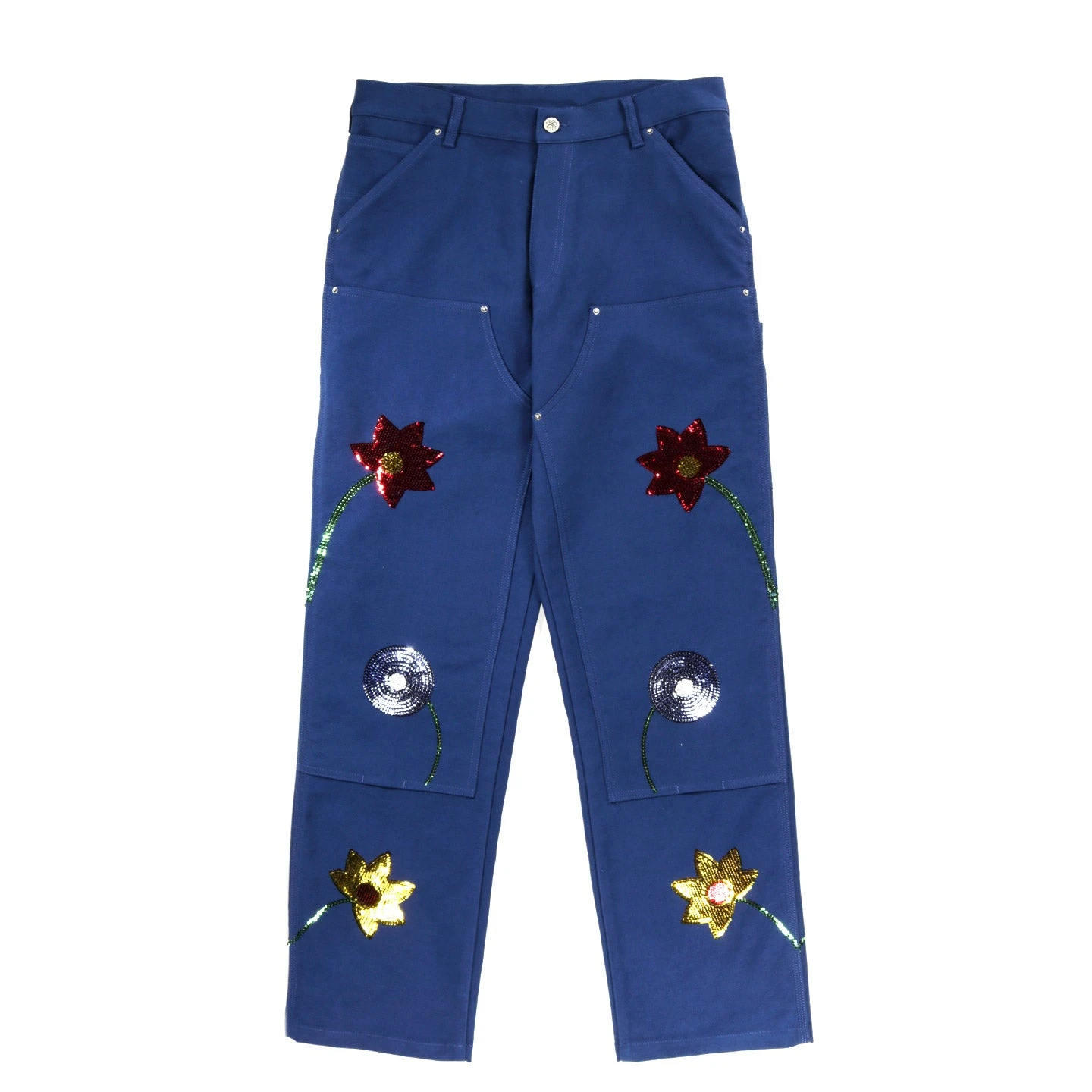 SKY HIGH FARM WORKWEAR SEQUIN EMBROIDERED FLOWERS WORKWEAR DOUBLE KNEE PANTS BLUE 1 SKY HIGH FARM WORKWEAR SEQUIN EMBROIDERED FLOWERS WORKWEAR DOUBLE KNEE PANTS BLUE