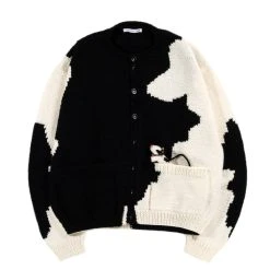 SKY HIGH FARM WORKWEAR HAND KNIT COW CARDIGAN BLACK AND WHITE
