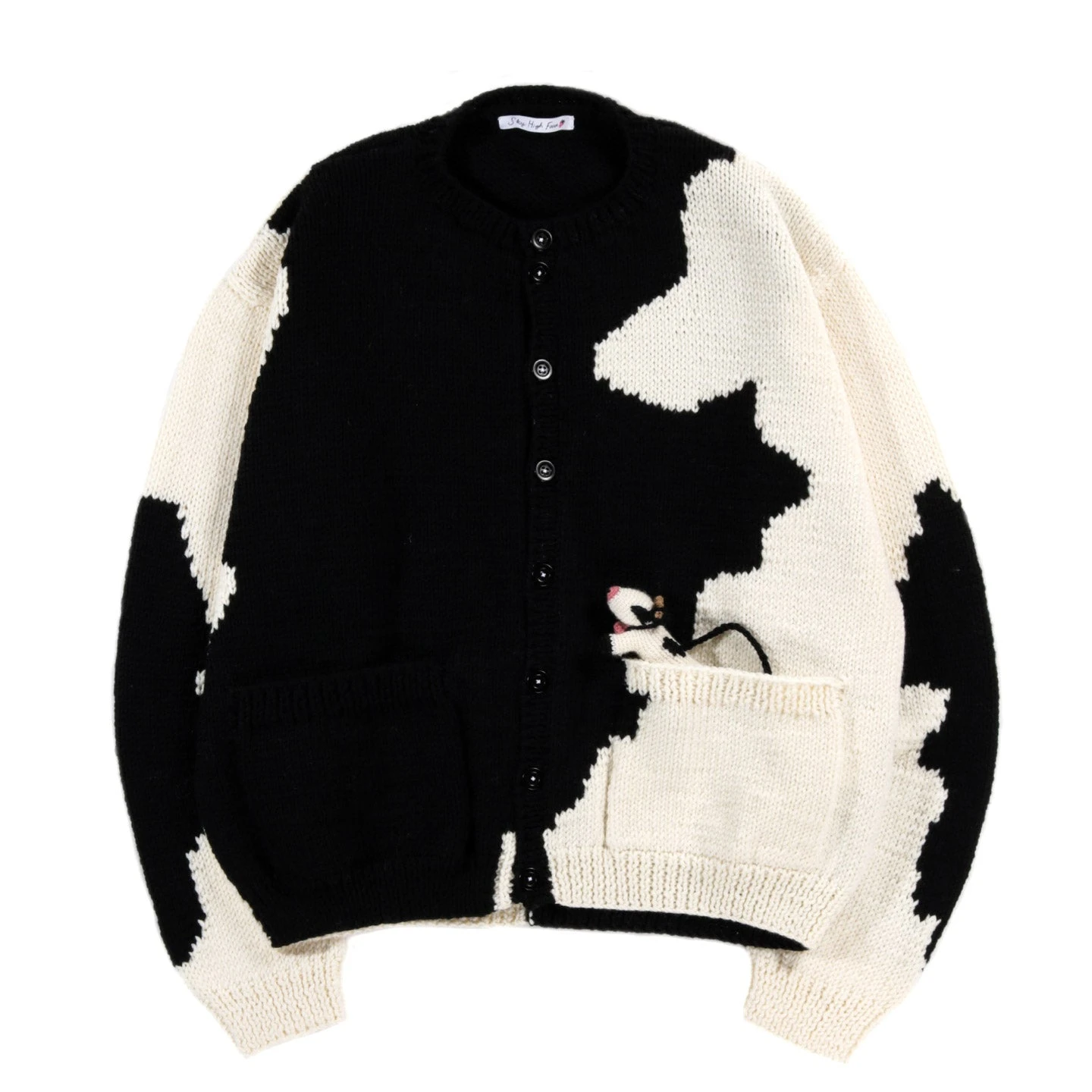 SKY HIGH FARM WORKWEAR HAND KNIT COW CARDIGAN BLACK AND WHITE 1 SKY HIGH FARM WORKWEAR HAND KNIT COW CARDIGAN BLACK AND WHITE